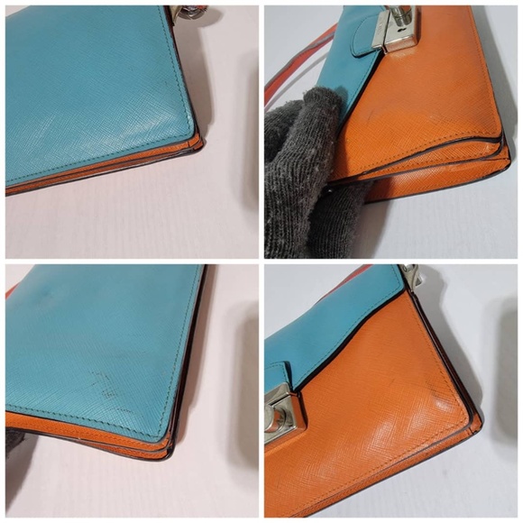 Authentic Prada Saffiano Sound Lock Pochette Shoulder Bag Orange/Blue - Picture 12 of 16